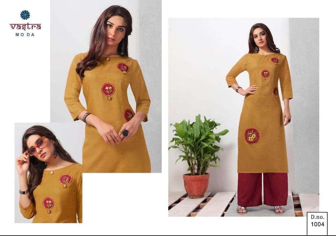 FASHION VOL-1 BY VASTRA MODA 1001 TO 1008 SERIES BEAUTIFUL STYLISH FANCY COLORFUL CASUAL WEAR & ETHNIC WEAR & READY TO WEAR PREMIUM SLUB EMBROIDERED KURTIS AT WHOLESALE PRICE