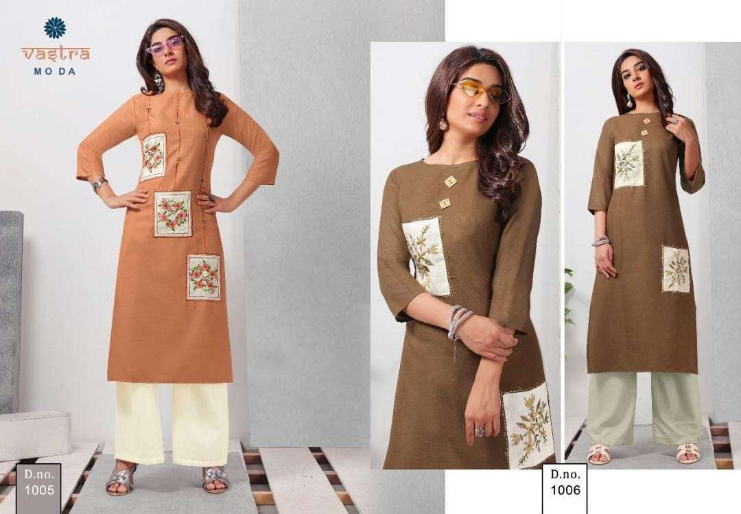 FASHION VOL-1 BY VASTRA MODA 1001 TO 1008 SERIES BEAUTIFUL STYLISH FANCY COLORFUL CASUAL WEAR & ETHNIC WEAR & READY TO WEAR PREMIUM SLUB EMBROIDERED KURTIS AT WHOLESALE PRICE