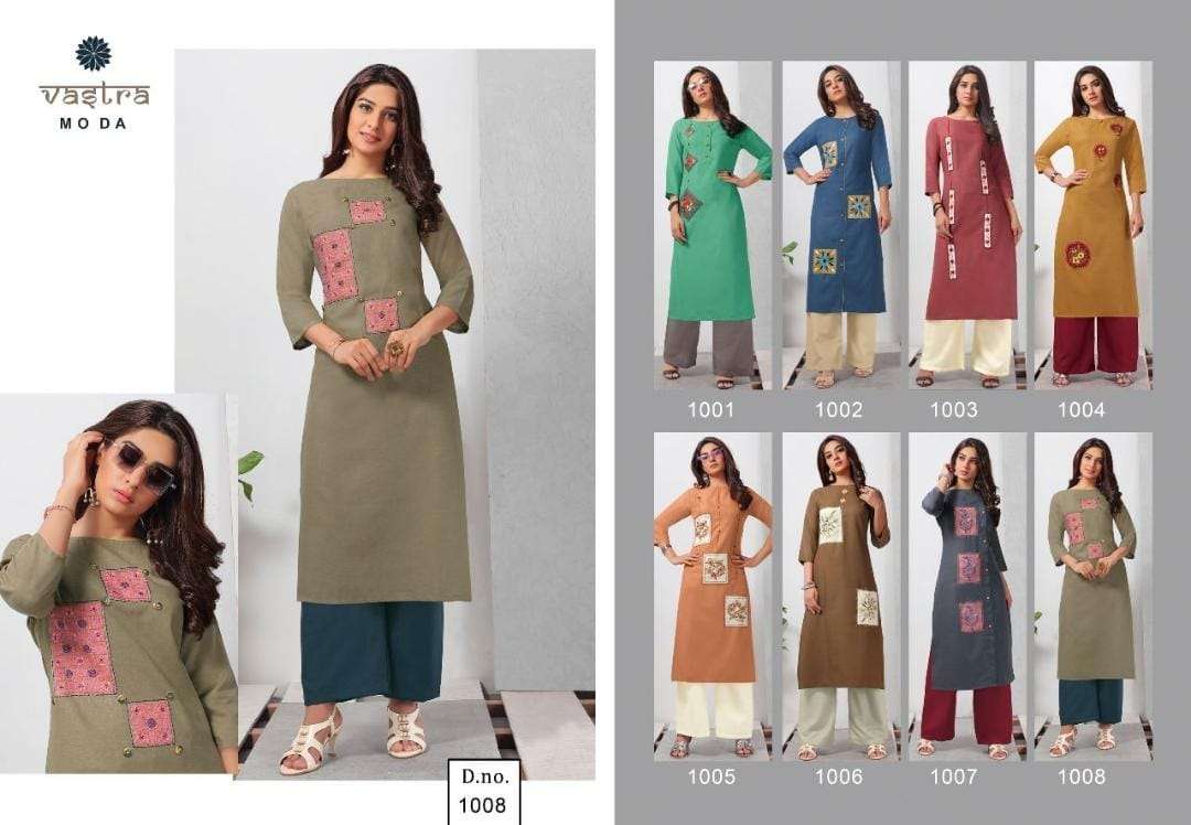 FASHION VOL-1 BY VASTRA MODA 1001 TO 1008 SERIES BEAUTIFUL STYLISH FANCY COLORFUL CASUAL WEAR & ETHNIC WEAR & READY TO WEAR PREMIUM SLUB EMBROIDERED KURTIS AT WHOLESALE PRICE