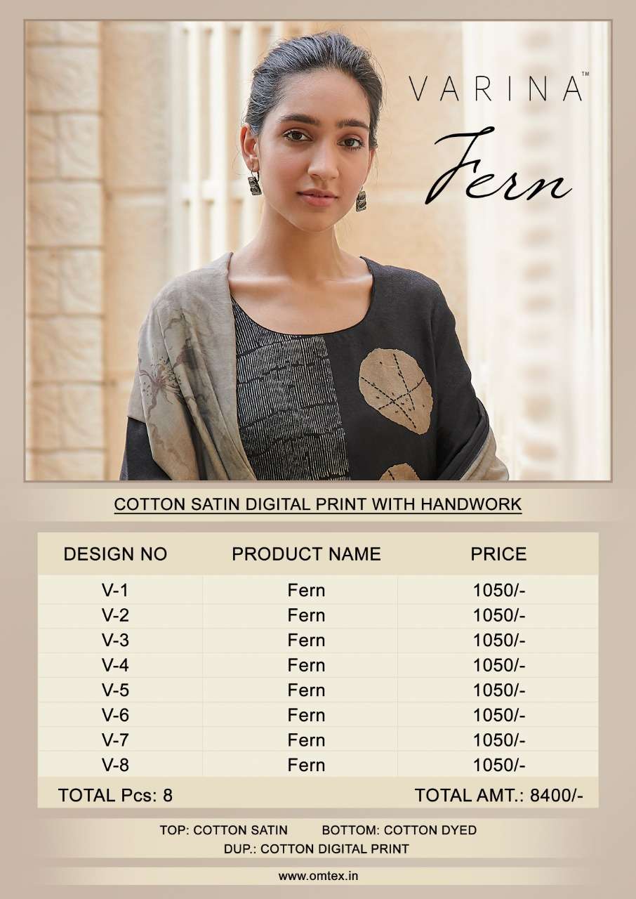 FERN BY VARINA 1 TO 8 SERIES BEAUTIFUL SUITS STYLISH FANCY COLORFUL PARTY WEAR & OCCASIONAL WEAR COTTON SATIN DRESSES AT WHOLESALE PRICE