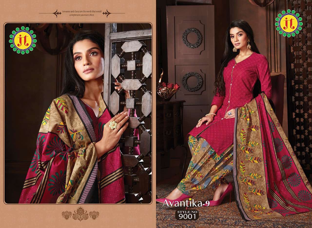 AVANTIKA VOL-9 BY JT 9001 TO 9015 SERIES BEAUTIFUL SUITS STYLISH FANCY COLORFUL PARTY WEAR & OCCASIONAL WEAR COTTON PRINT DRESSES AT WHOLESALE PRICE