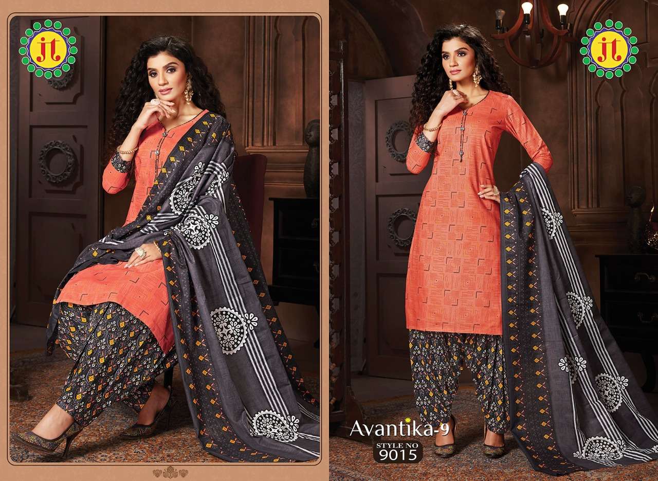 AVANTIKA VOL-9 BY JT 9001 TO 9015 SERIES BEAUTIFUL SUITS STYLISH FANCY COLORFUL PARTY WEAR & OCCASIONAL WEAR COTTON PRINT DRESSES AT WHOLESALE PRICE