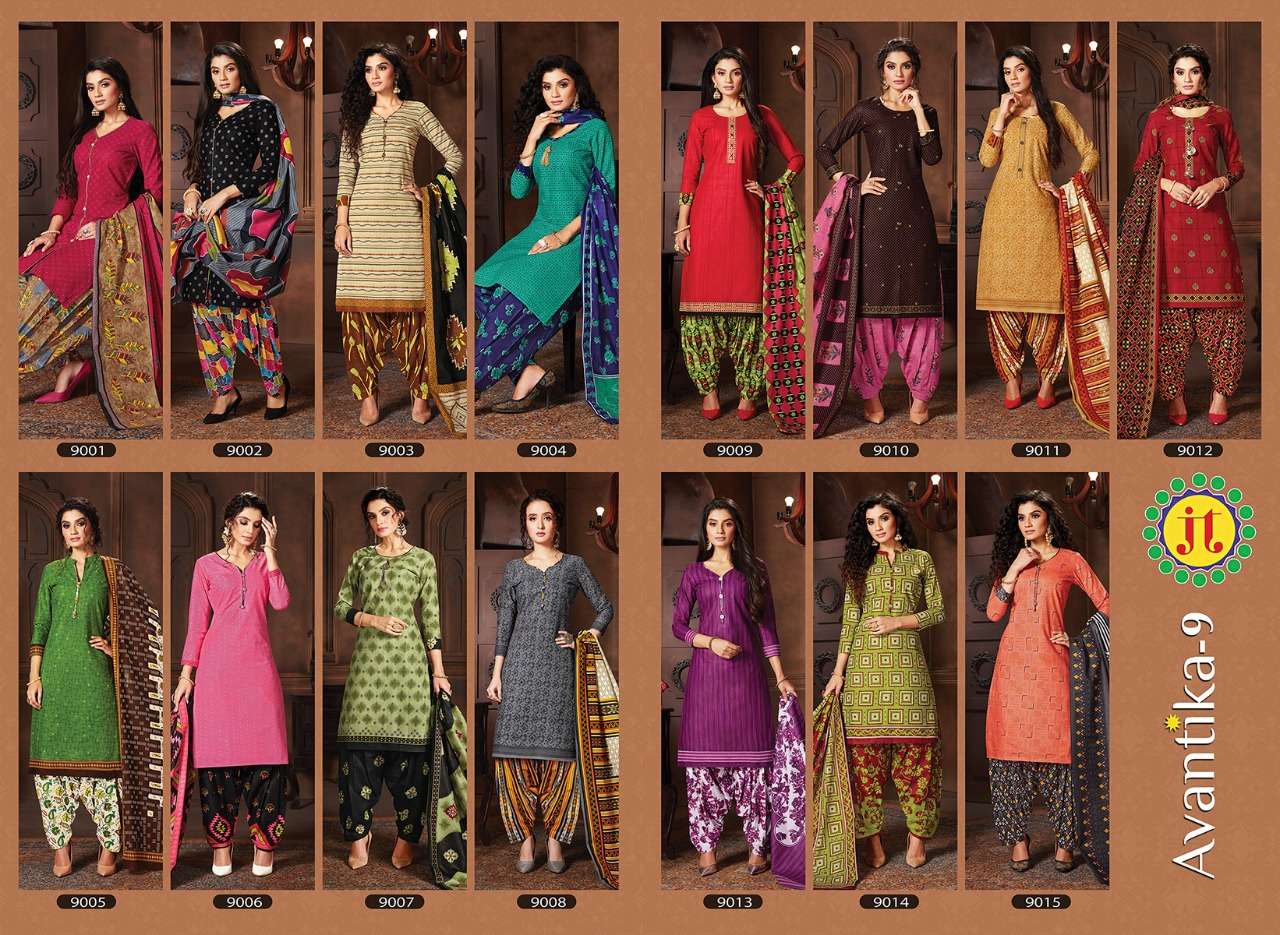 AVANTIKA VOL-9 BY JT 9001 TO 9015 SERIES BEAUTIFUL SUITS STYLISH FANCY COLORFUL PARTY WEAR & OCCASIONAL WEAR COTTON PRINT DRESSES AT WHOLESALE PRICE