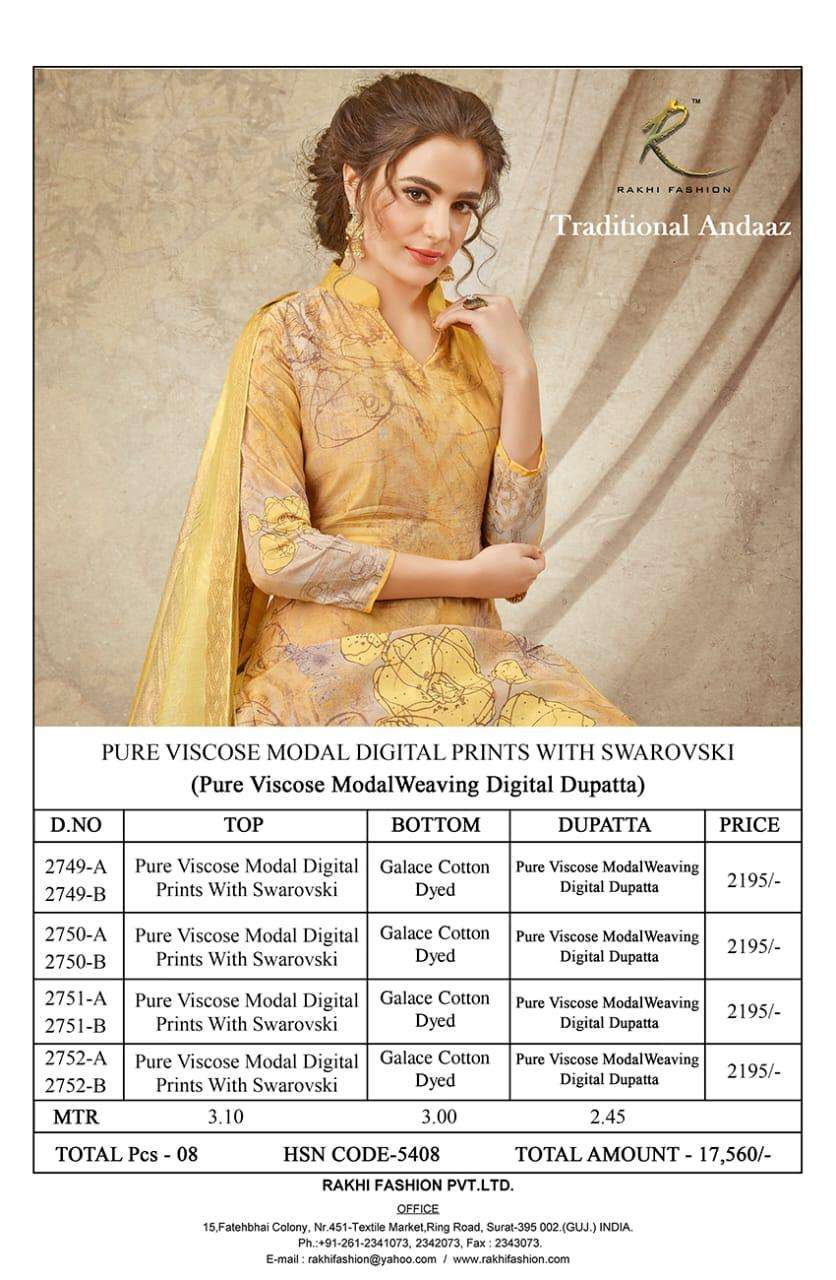 TRADITIONAL ANDAAZ BY RAKHI FASHION 2749-A TO 2752-B SERIES BEAUTIFUL STYLISH SHARARA SUITS FANCY COLORFUL CASUAL WEAR & ETHNIC WEAR & READY TO WEAR PURE VISCOSE MODAL WITH DIGITAL PRINT DRESSES AT WHOLESALE PRICE