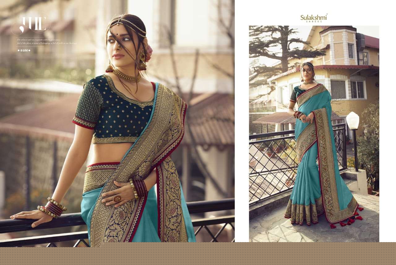 SUNSHINE BY SULAKSHMI 6401 TO 6409 SERIES INDIAN TRADITIONAL WEAR COLLECTION BEAUTIFUL STYLISH FANCY COLORFUL PARTY WEAR & OCCASIONAL WEAR CHINNON EMBROIDERY SAREES AT WHOLESALE PRICE