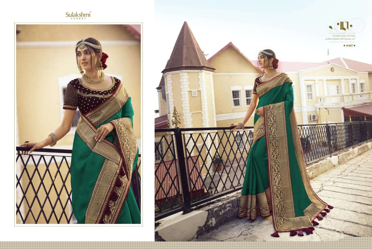 SUNSHINE BY SULAKSHMI 6401 TO 6409 SERIES INDIAN TRADITIONAL WEAR COLLECTION BEAUTIFUL STYLISH FANCY COLORFUL PARTY WEAR & OCCASIONAL WEAR CHINNON EMBROIDERY SAREES AT WHOLESALE PRICE