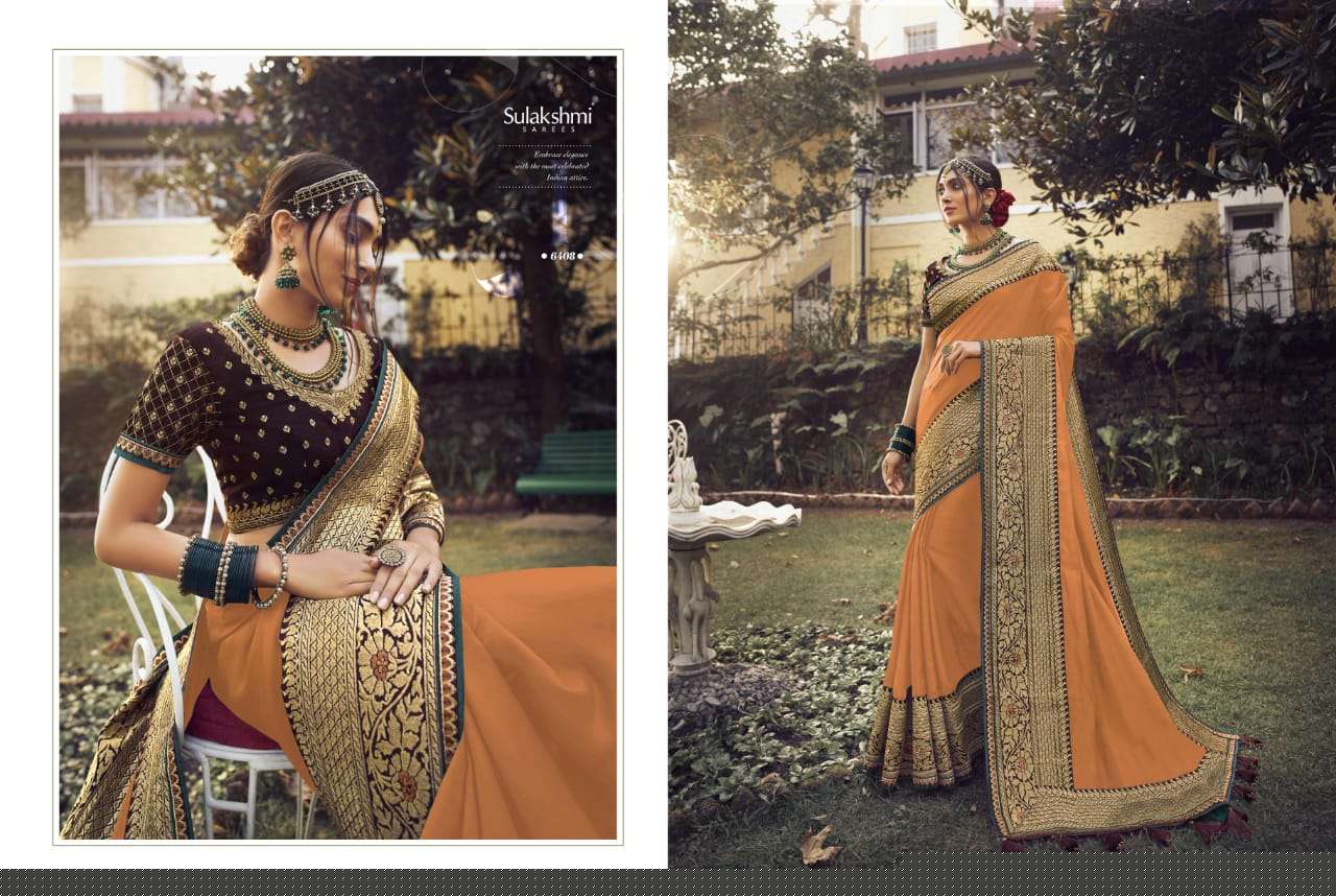 SUNSHINE BY SULAKSHMI 6401 TO 6409 SERIES INDIAN TRADITIONAL WEAR COLLECTION BEAUTIFUL STYLISH FANCY COLORFUL PARTY WEAR & OCCASIONAL WEAR CHINNON EMBROIDERY SAREES AT WHOLESALE PRICE