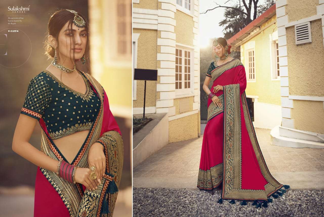 SUNSHINE BY SULAKSHMI 6401 TO 6409 SERIES INDIAN TRADITIONAL WEAR COLLECTION BEAUTIFUL STYLISH FANCY COLORFUL PARTY WEAR & OCCASIONAL WEAR CHINNON EMBROIDERY SAREES AT WHOLESALE PRICE