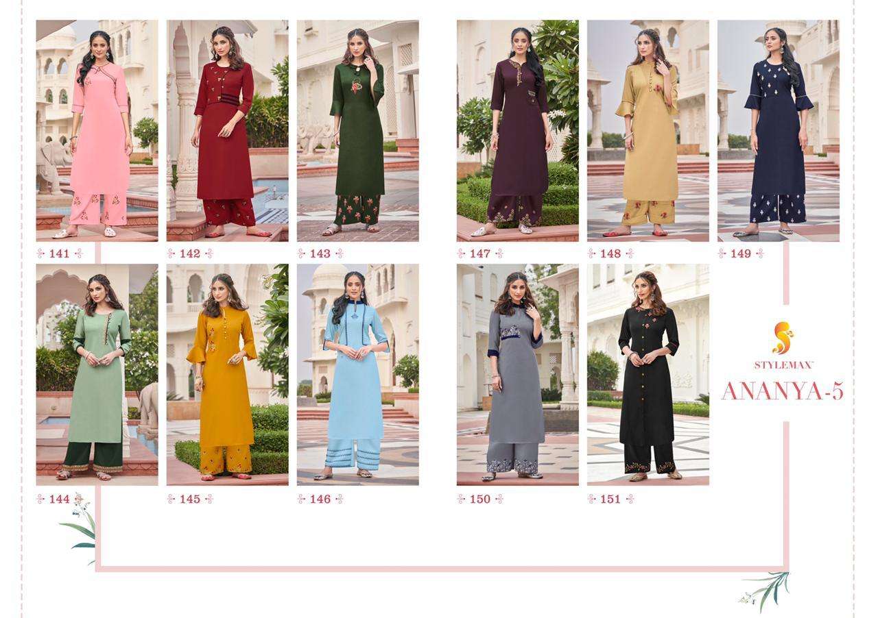 ANANYA VOL-5 BY STYLEMAX 141 TO 151 SERIES BEAUTIFUL STYLISH FANCY COLORFUL CASUAL WEAR & ETHNIC WEAR & READY TO WEAR MAGIC CLYB EMBROIDERED KURTIS WITH BOTTOM AT WHOLESALE PRICE