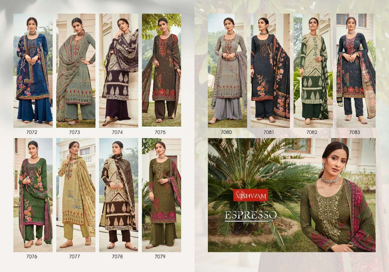 ESPRESSO VOL-5 BY VISHWAM PRINTS 7072 TO 7083 SERIES BEAUTIFUL SUITS STYLISH FANCY COLORFUL PARTY WEAR & OCCASIONAL WEAR CREPE PRINT DRESSES AT WHOLESALE PRICE