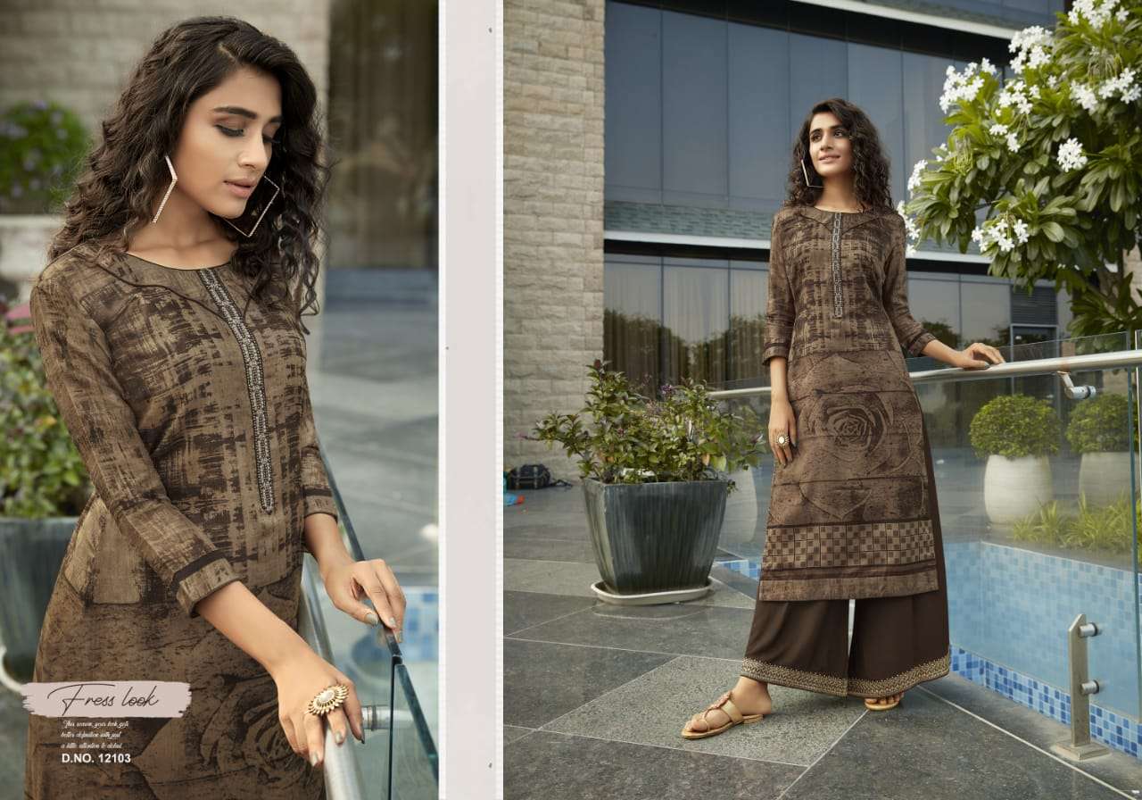 FASHION FIESTA VOL-4 BY KIVI 12101 TO 12108 SERIES BEAUTIFUL STYLISH FANCY COLORFUL CASUAL WEAR & ETHNIC WEAR & READY TO WEAR SILK PRINT KURTIS WITH BOTTOM AT WHOLESALE PRICE