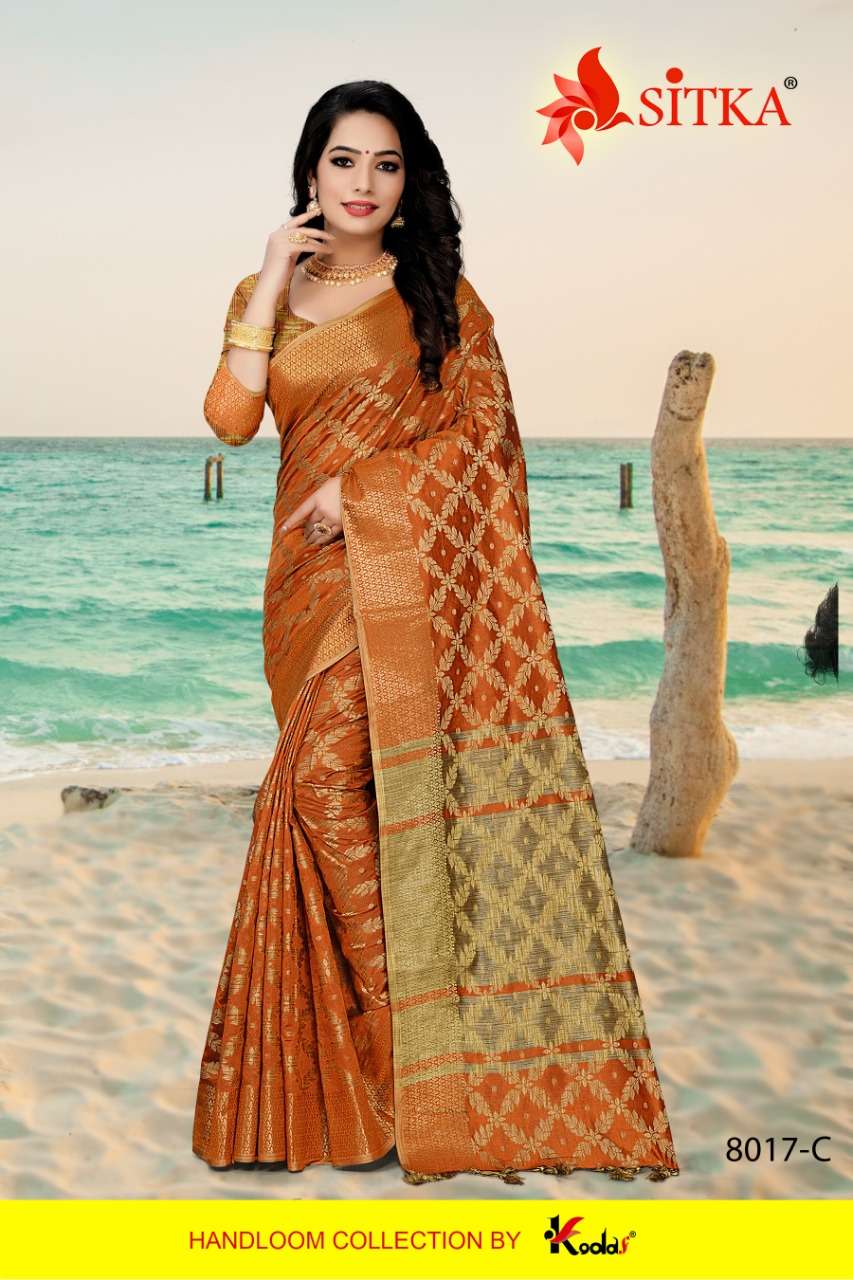 SILENT 8017 BY SITKA 8017-A TO 8017-F SERIES INDIAN TRADITIONAL WEAR COLLECTION BEAUTIFUL STYLISH FANCY COLORFUL PARTY WEAR & OCCASIONAL WEAR SILK SAREES AT WHOLESALE PRICE