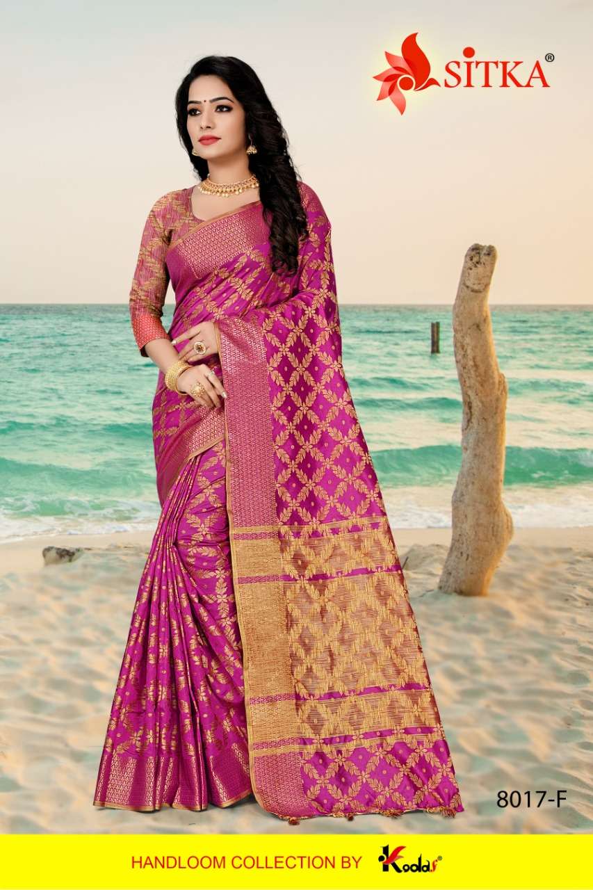 SILENT 8017 BY SITKA 8017-A TO 8017-F SERIES INDIAN TRADITIONAL WEAR COLLECTION BEAUTIFUL STYLISH FANCY COLORFUL PARTY WEAR & OCCASIONAL WEAR SILK SAREES AT WHOLESALE PRICE