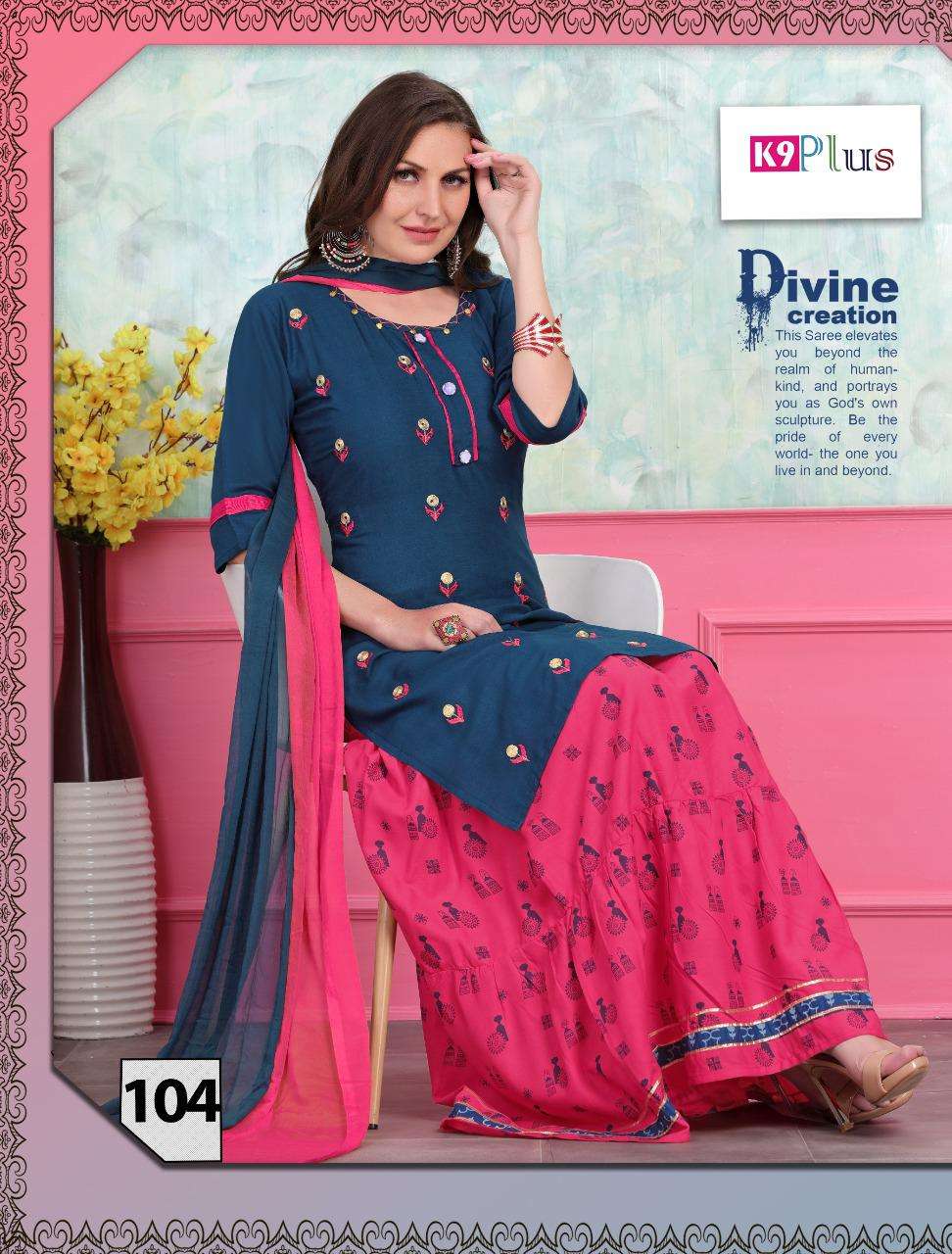 SIMONA BY K9 PLUS 101 TO 108 SERIES BEAUTIFUL SUITS COLORFUL STYLISH FANCY CASUAL WEAR & ETHNIC WEAR RAYON WITH EMBROIDERY DRESSES AT WHOLESALE PRICE
