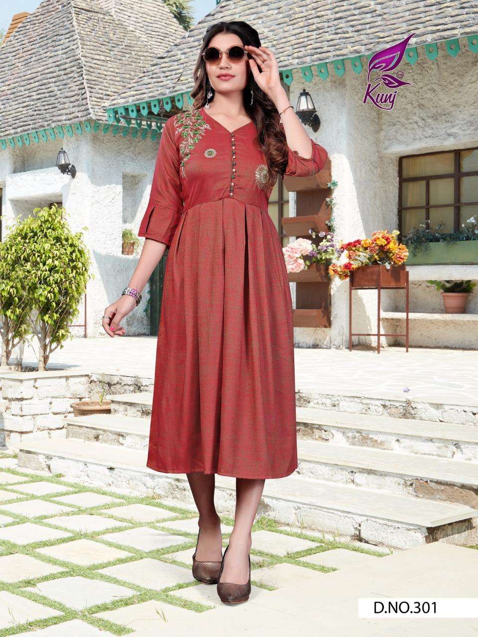 FLORET VOL-3 BY KUNJ 301 TO 310 SERIES BEAUTIFUL STYLISH FANCY COLORFUL CASUAL WEAR & ETHNIC WEAR & READY TO WEAR HEAVY RAYON EMBROIDERED KURTIS AT WHOLESALE PRICE