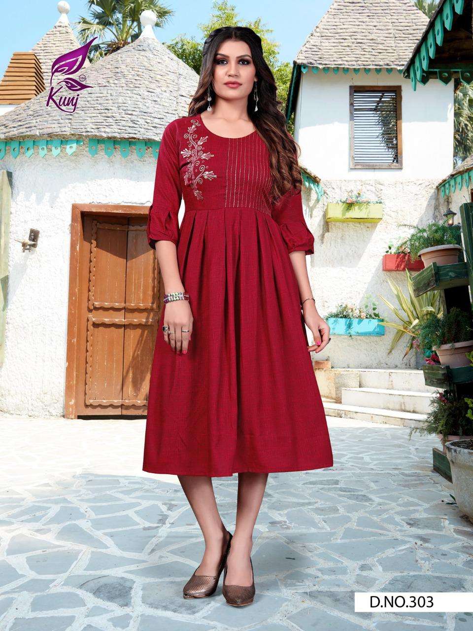 FLORET VOL-3 BY KUNJ 301 TO 310 SERIES BEAUTIFUL STYLISH FANCY COLORFUL CASUAL WEAR & ETHNIC WEAR & READY TO WEAR HEAVY RAYON EMBROIDERED KURTIS AT WHOLESALE PRICE