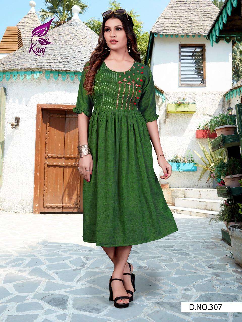 FLORET VOL-3 BY KUNJ 301 TO 310 SERIES BEAUTIFUL STYLISH FANCY COLORFUL CASUAL WEAR & ETHNIC WEAR & READY TO WEAR HEAVY RAYON EMBROIDERED KURTIS AT WHOLESALE PRICE