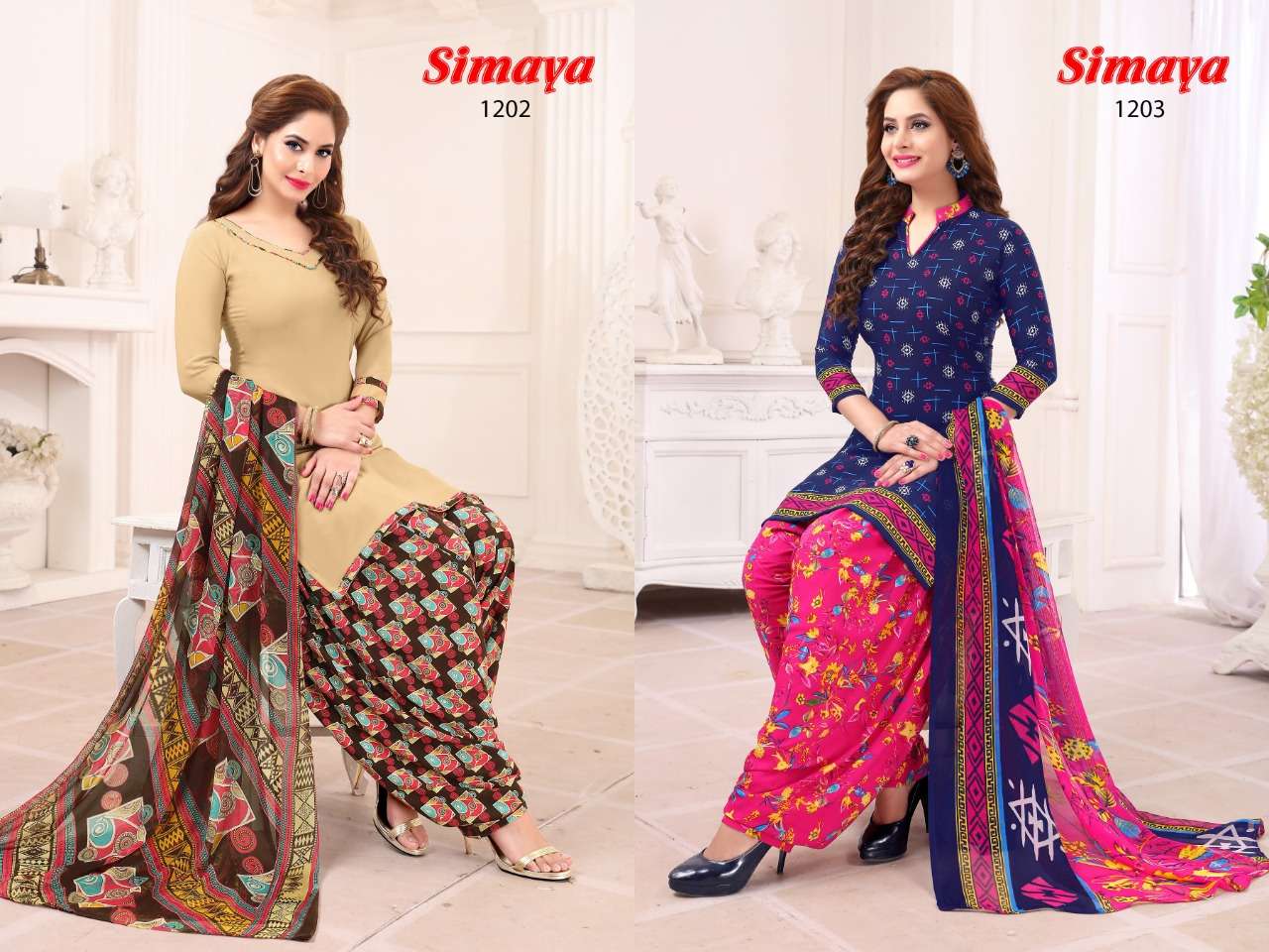 SIMAYA VOL-9 BY VISHNU PRINTS 1201 TO 1216 SERIES BEAUTIFUL SUITS STYLISH FANCY COLORFUL PARTY WEAR & OCCASIONAL WEAR LEYON PRINTED DRESSES AT WHOLESALE PRICE