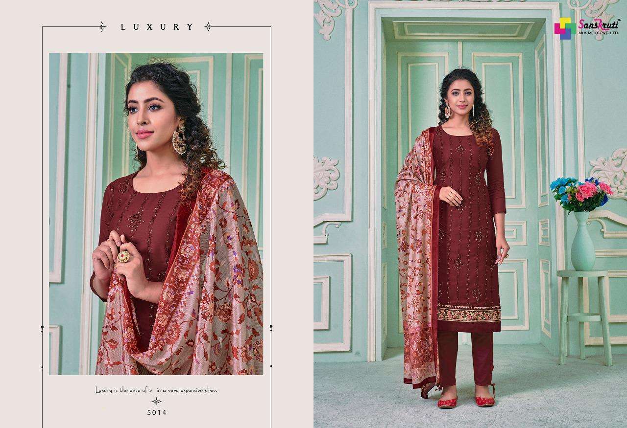 SAFRON BY SANSKRUTI SILK MILLS 5012 TO 5017 SERIES BEAUTIFUL SUITS COLORFUL STYLISH FANCY CASUAL WEAR & ETHNIC WEAR PURE JAM SILK WITH EMBROIDERY DRESSES AT WHOLESALE PRICE