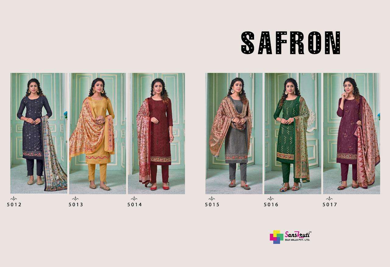 SAFRON BY SANSKRUTI SILK MILLS 5012 TO 5017 SERIES BEAUTIFUL SUITS COLORFUL STYLISH FANCY CASUAL WEAR & ETHNIC WEAR PURE JAM SILK WITH EMBROIDERY DRESSES AT WHOLESALE PRICE