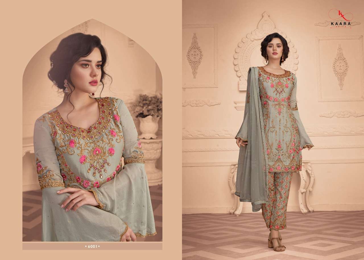 DULHAN VOL-14 BY KAARA SUITS 4001 TO 4004 SERIES BEAUTIFUL STYLISH SUITS FANCY COLORFUL CASUAL WEAR & ETHNIC WEAR & READY TO WEAR FUAX GEORGETTE EMBROIDERED DRESSES AT WHOLESALE PRICE