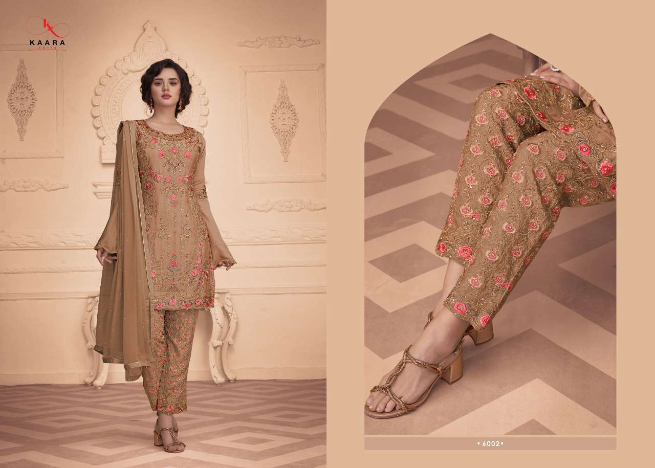 DULHAN VOL-14 BY KAARA SUITS 4001 TO 4004 SERIES BEAUTIFUL STYLISH SUITS FANCY COLORFUL CASUAL WEAR & ETHNIC WEAR & READY TO WEAR FUAX GEORGETTE EMBROIDERED DRESSES AT WHOLESALE PRICE