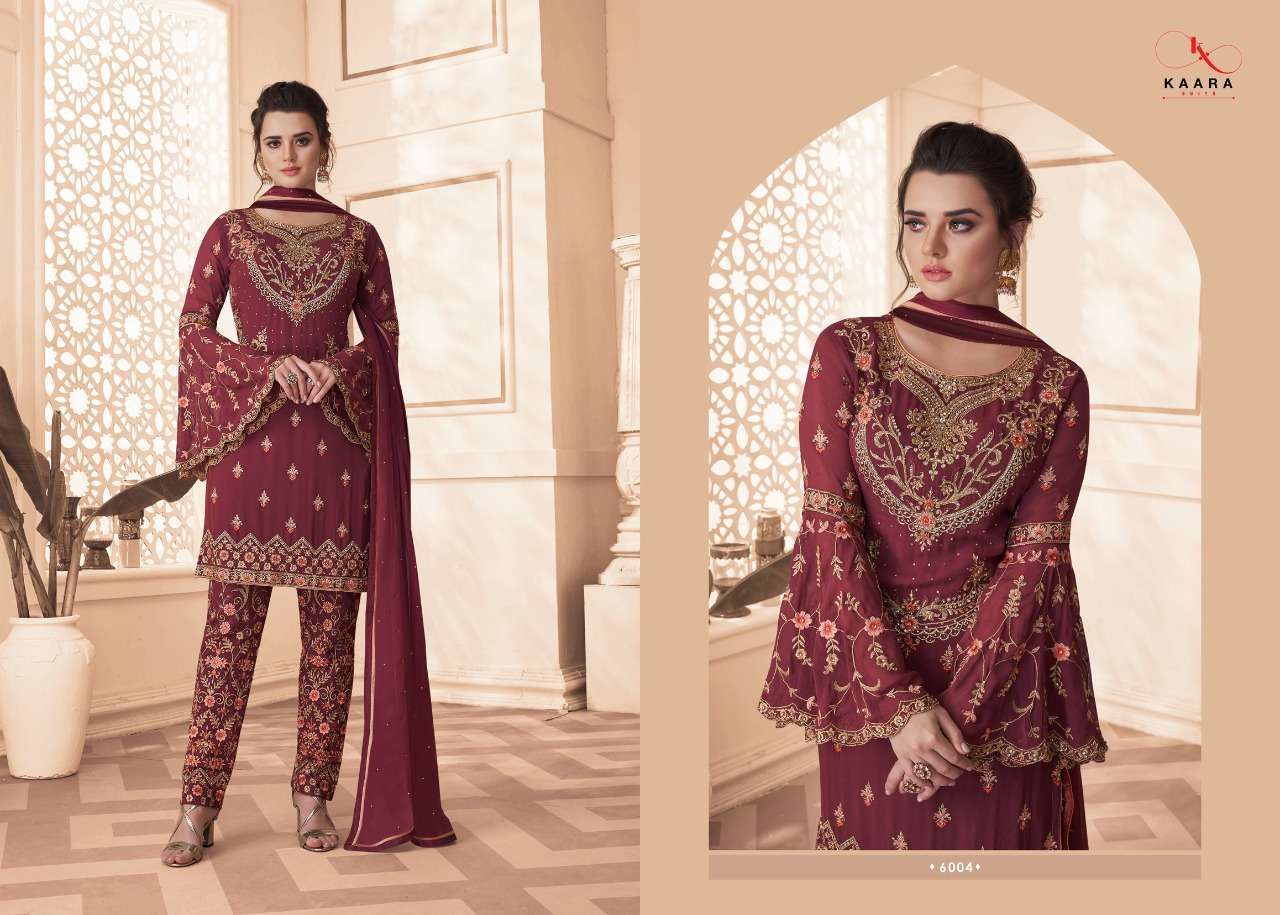 DULHAN VOL-14 BY KAARA SUITS 4001 TO 4004 SERIES BEAUTIFUL STYLISH SUITS FANCY COLORFUL CASUAL WEAR & ETHNIC WEAR & READY TO WEAR FUAX GEORGETTE EMBROIDERED DRESSES AT WHOLESALE PRICE