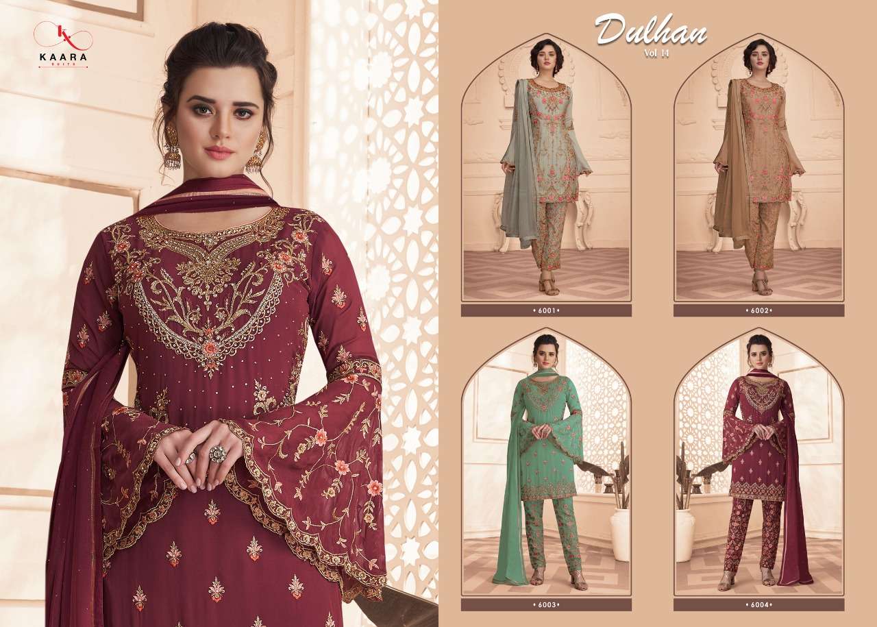 DULHAN VOL-14 BY KAARA SUITS 4001 TO 4004 SERIES BEAUTIFUL STYLISH SUITS FANCY COLORFUL CASUAL WEAR & ETHNIC WEAR & READY TO WEAR FUAX GEORGETTE EMBROIDERED DRESSES AT WHOLESALE PRICE