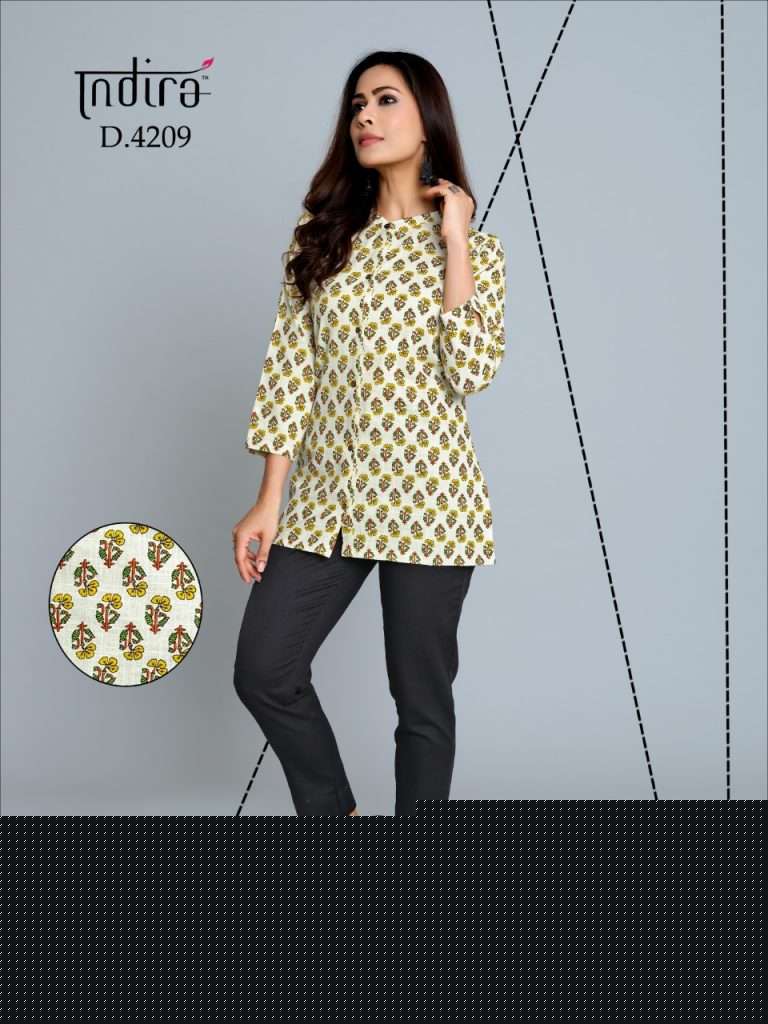 KAMEEZ VOL-2 BY INDIRA 4201 TO 4210 SERIES BEAUTIFUL COLORFUL STYLISH FANCY CASUAL WEAR & READY TO WEAR PURE JAIPURI CAMBRIC COTTON TOPS AT WHOLESALE PRICE