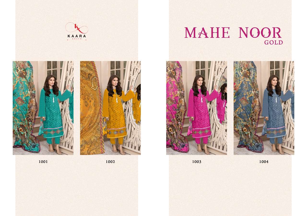 MAHE NOOR GOLD BY KAARA SUITS 1001 TO 1004 SERIES DESIGNER PAKISTANI SUITS BEAUTIFUL STYLISH FANCY COLORFUL PARTY WEAR & OCCASIONAL WEAR PURE COTTON EMBROIDERY DRESSES AT WHOLESALE PRICE