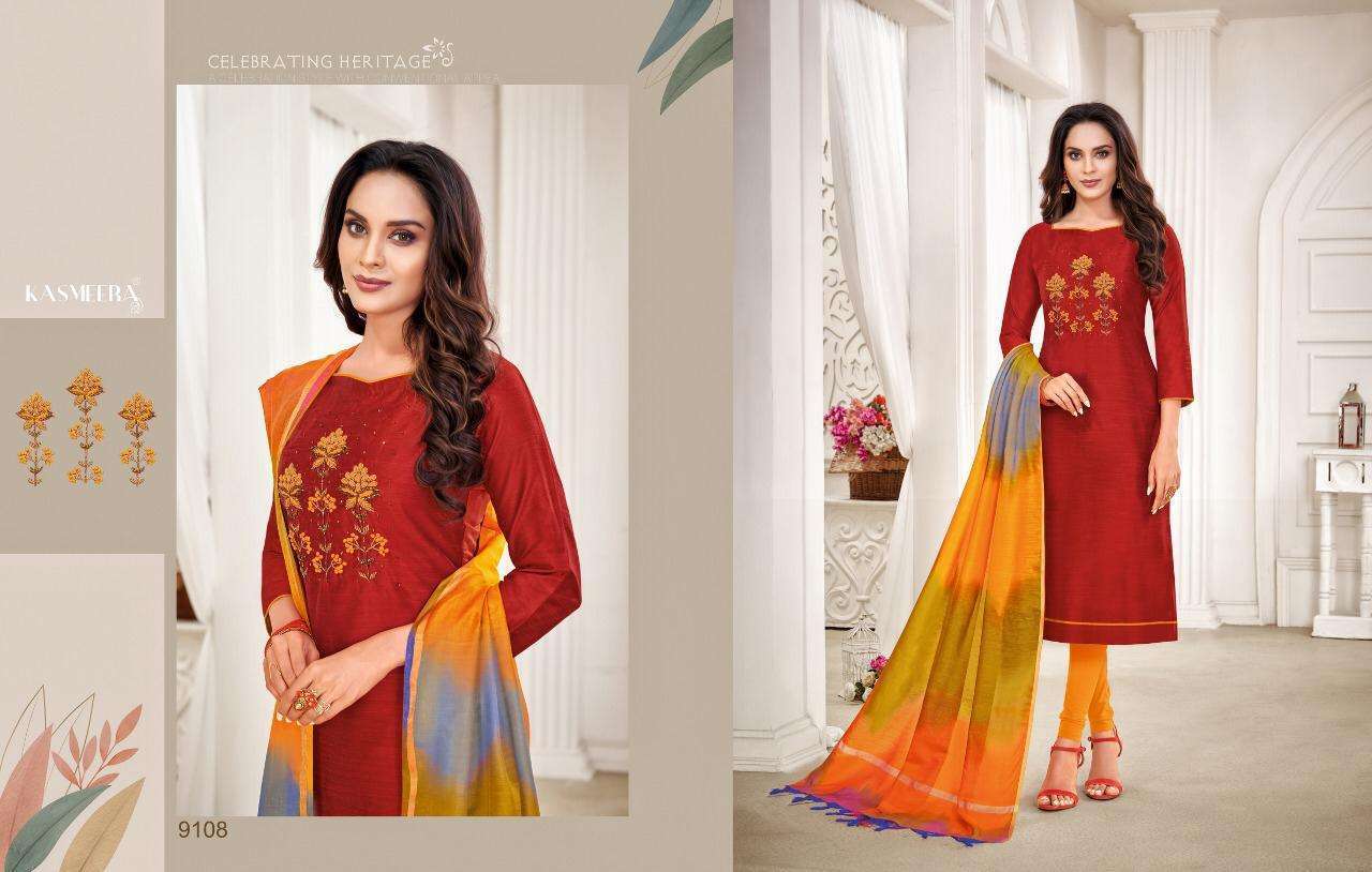 RASLEELA VOL-8 BY KASMEERA 9108 TO 9119 SERIES DESIGNER SUITS BEAUTIFUL FANCY COLORFUL STYLISH PARTY WEAR & OCCASIONAL WEAR LENG SLUB HANDWORK DRESSES AT WHOLESALE PRICE