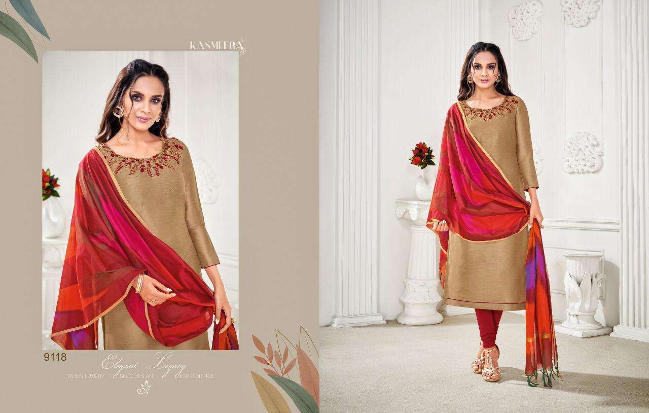 RASLEELA VOL-8 BY KASMEERA 9108 TO 9119 SERIES DESIGNER SUITS BEAUTIFUL FANCY COLORFUL STYLISH PARTY WEAR & OCCASIONAL WEAR LENG SLUB HANDWORK DRESSES AT WHOLESALE PRICE