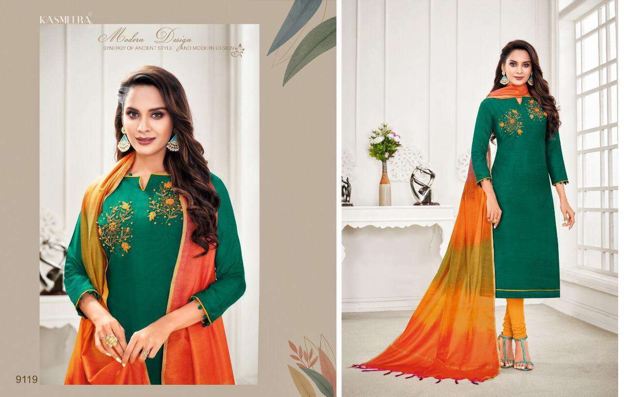RASLEELA VOL-8 BY KASMEERA 9108 TO 9119 SERIES DESIGNER SUITS BEAUTIFUL FANCY COLORFUL STYLISH PARTY WEAR & OCCASIONAL WEAR LENG SLUB HANDWORK DRESSES AT WHOLESALE PRICE