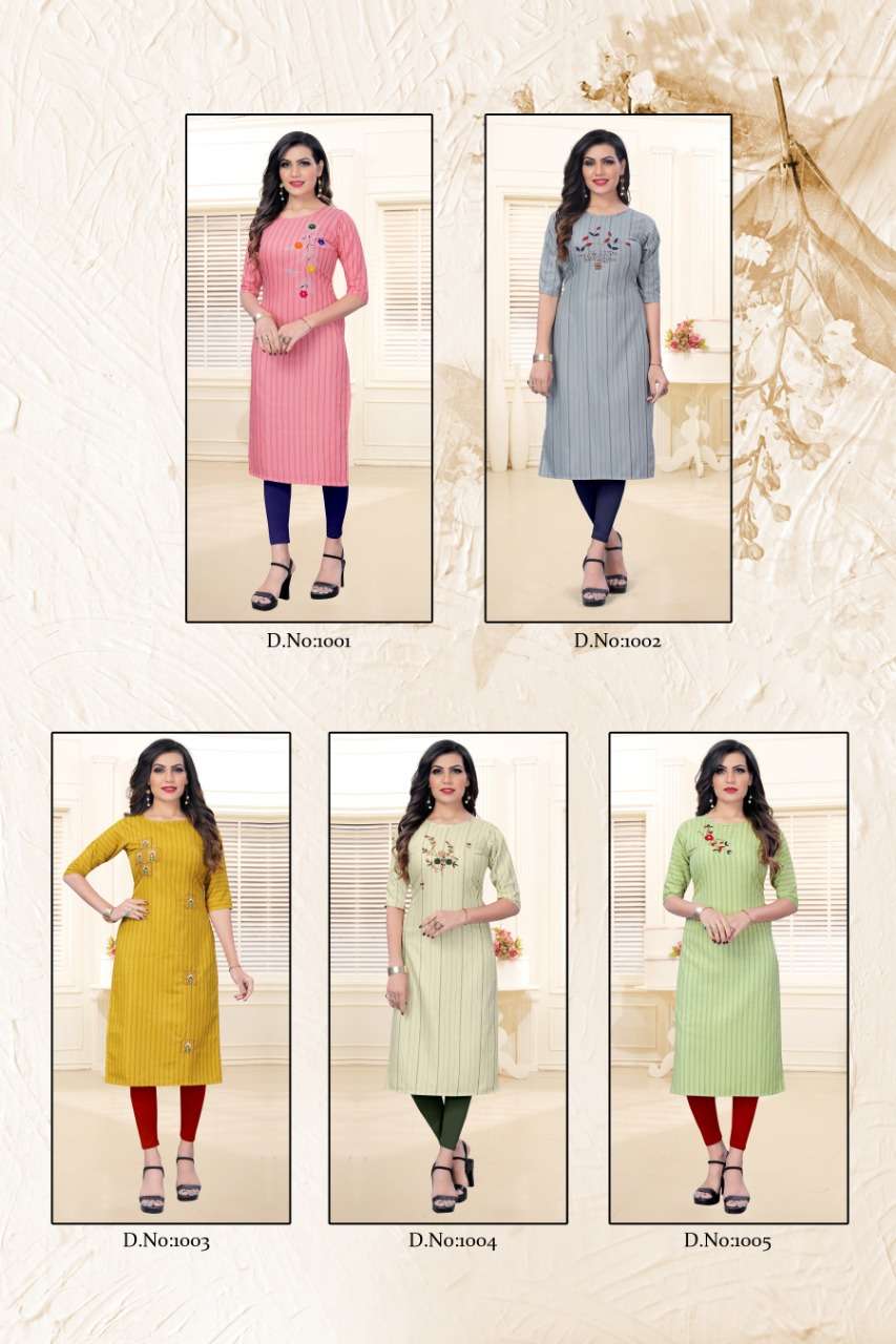 FASHION GALI BY RIDHANI 1001 TO 1005 SERIES BEAUTIFUL STYLISH FANCY COLORFUL CASUAL WEAR & ETHNIC WEAR & READY TO WEAR HEAVY RAYON EMBROIDERED KURTIS AT WHOLESALE PRICE