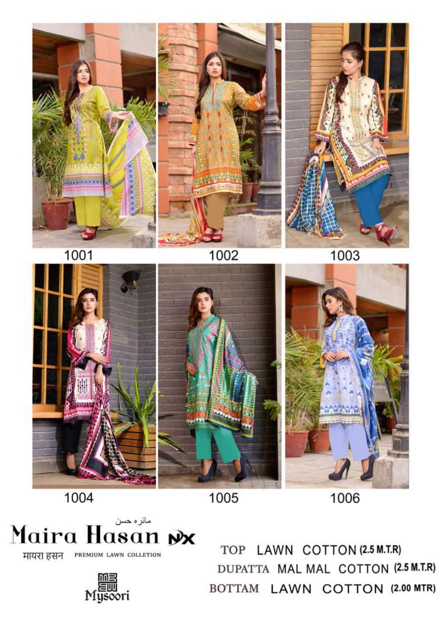 MAIRA HASAN NX BY MYSOORI 1001 TO 1006 SERIES BEAUTIFUL SUITS STYLISH COLORFUL FANCY CASUAL WEAR & ETHNIC WEAR PURE LAWN COTTON PRINTED DRESSES AT WHOLESALE PRICE