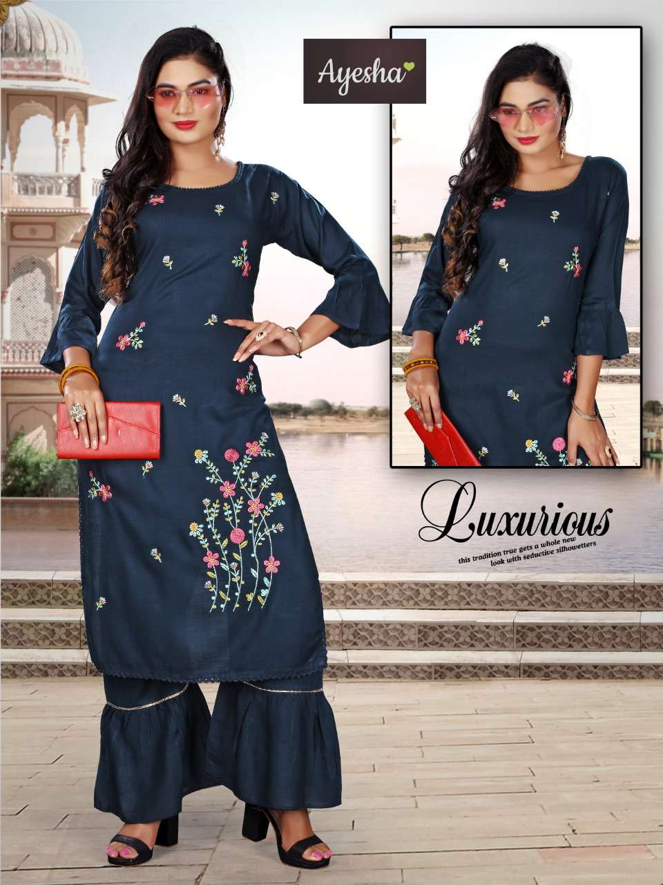TAJMHEL BY AYESHA 01 TO 08 SERIES BEAUTIFUL STYLISH FANCY COLORFUL CASUAL WEAR & ETHNIC WEAR & READY TO WEAR RAYON SLUB KURTIS WITH BOTTOM AT WHOLESALE PRICE