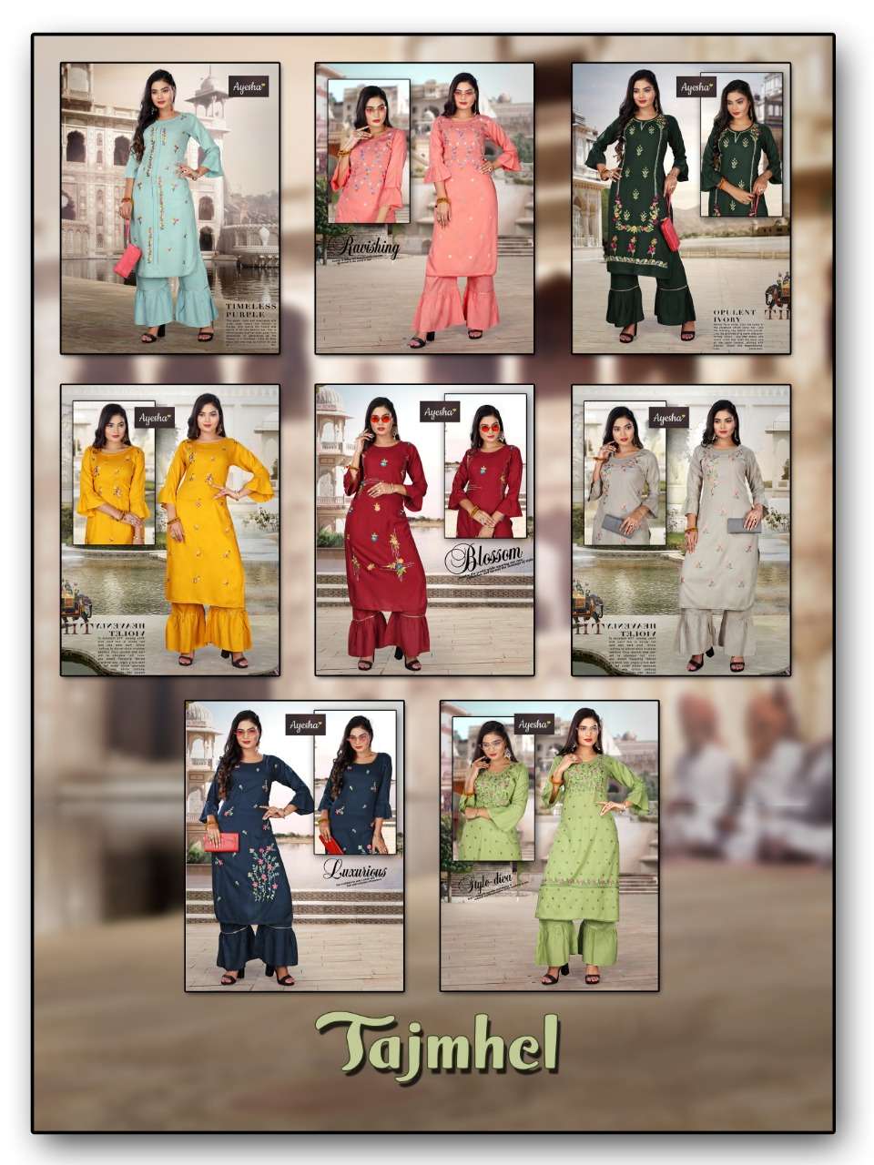 TAJMHEL BY AYESHA 01 TO 08 SERIES BEAUTIFUL STYLISH FANCY COLORFUL CASUAL WEAR & ETHNIC WEAR & READY TO WEAR RAYON SLUB KURTIS WITH BOTTOM AT WHOLESALE PRICE