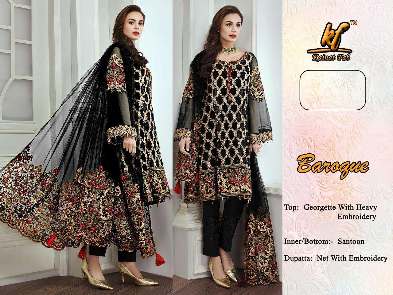 BAROQUE BY KAINAT FAB 01 TO 02 SERIES PAKISATNI SUITS BEAUTIFUL FANCY COLORFUL STYLISH PARTY WEAR & OCCASIONAL WEAR GEORGETTE EMBROIDERED DRESSES AT WHOLESALE PRICE
