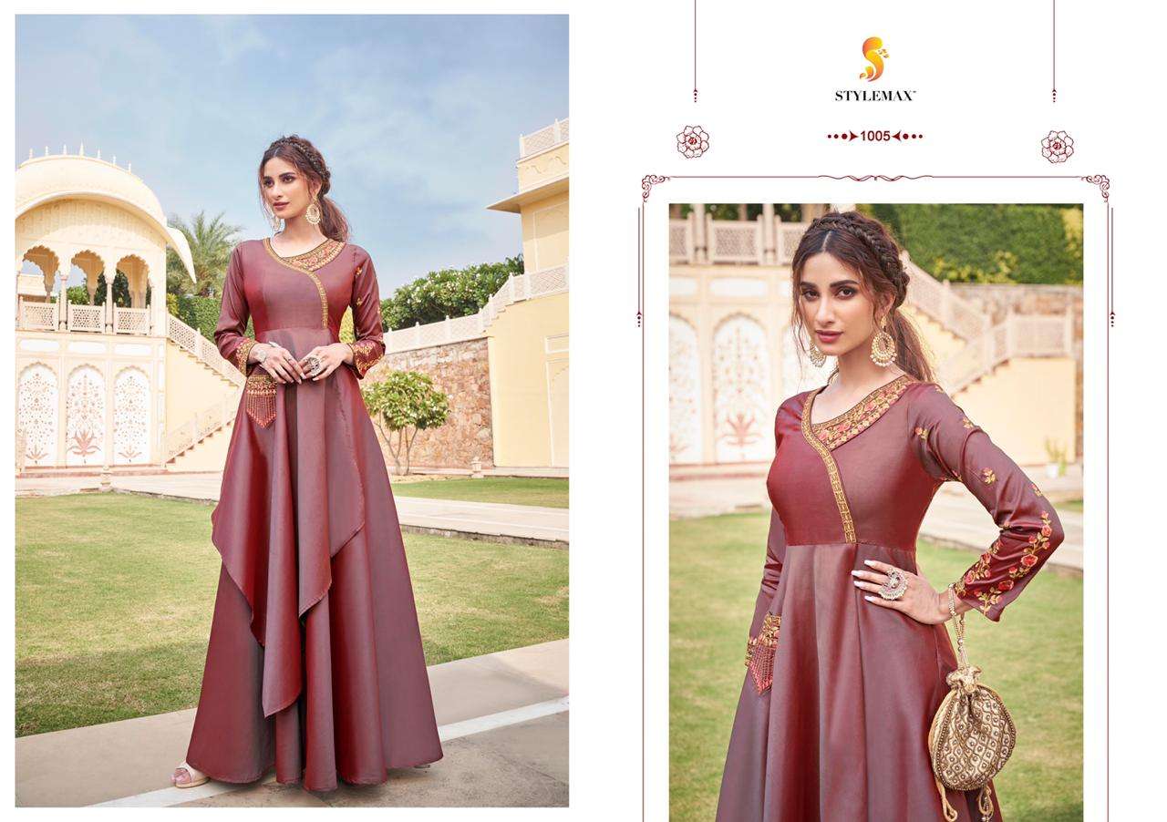 ALMIRAH VOL-5 BY STYLEMAX 1001 TO 1006 SERIES BEAUTIFUL BEAUTIFUL STYLISH FANCY COLORFUL CASUAL WEAR & ETHNIC WEAR READY TO WEAR HEAVY SOFT SILK EMBROIDERED GOWNS AT WHOLESALE PRICE