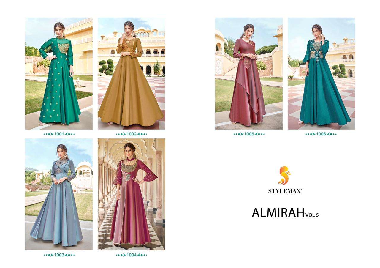 ALMIRAH VOL-5 BY STYLEMAX 1001 TO 1006 SERIES BEAUTIFUL BEAUTIFUL STYLISH FANCY COLORFUL CASUAL WEAR & ETHNIC WEAR READY TO WEAR HEAVY SOFT SILK EMBROIDERED GOWNS AT WHOLESALE PRICE