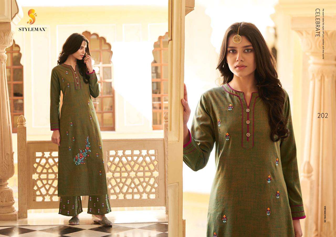 VINTAGE VOL-5 BY STYLEMAX 201 TO 206 SERIES BEAUTIFUL STYLISH FANCY COLORFUL CASUAL WEAR & ETHNIC WEAR & READY TO WEAR TWO TONE SILK KURTIS WITH BOTTOM AT WHOLESALE PRICE
