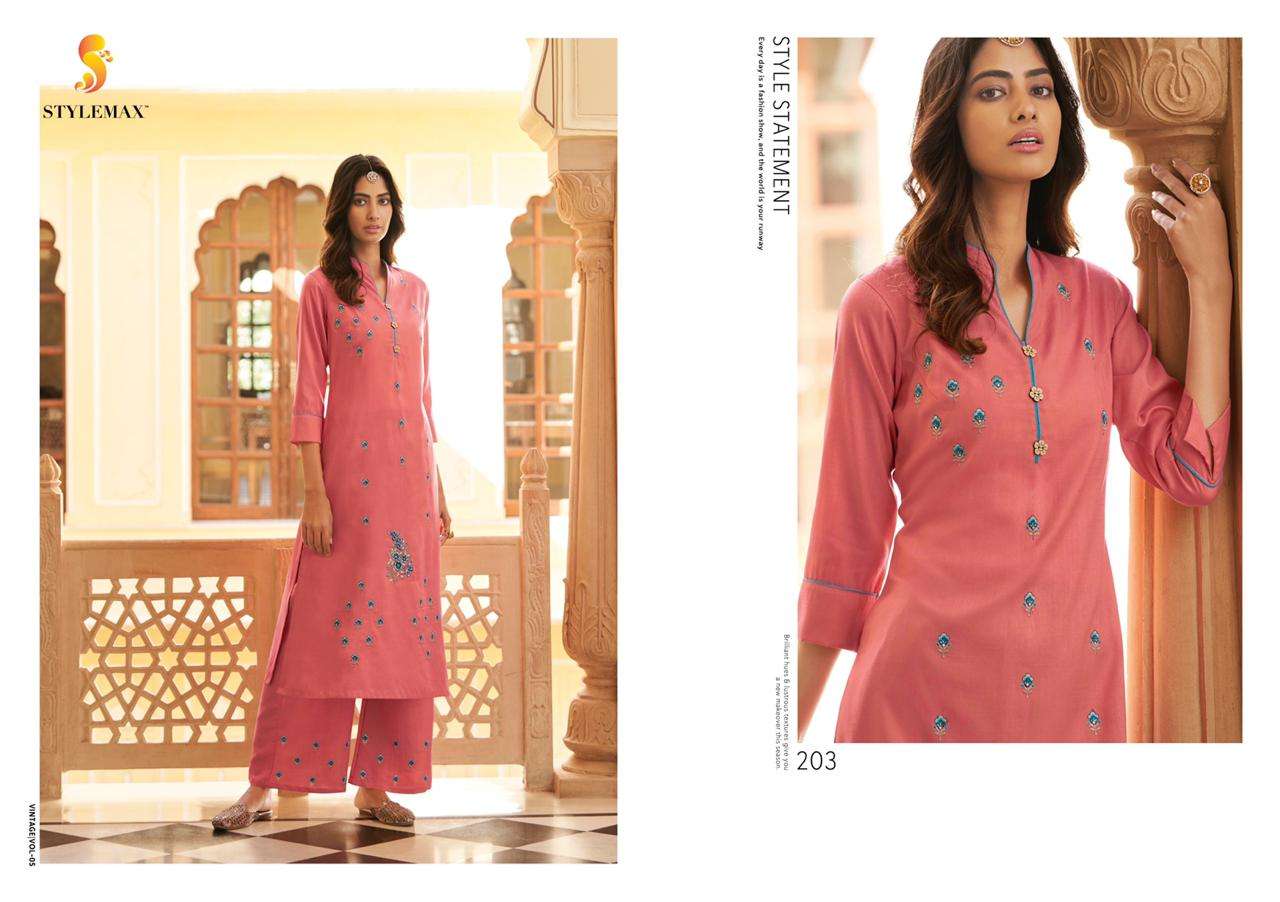 VINTAGE VOL-5 BY STYLEMAX 201 TO 206 SERIES BEAUTIFUL STYLISH FANCY COLORFUL CASUAL WEAR & ETHNIC WEAR & READY TO WEAR TWO TONE SILK KURTIS WITH BOTTOM AT WHOLESALE PRICE