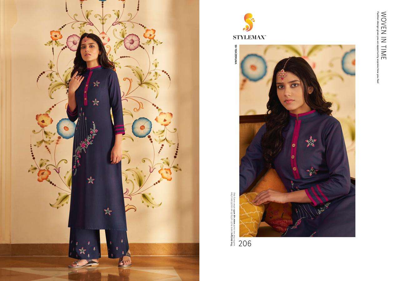 VINTAGE VOL-5 BY STYLEMAX 201 TO 206 SERIES BEAUTIFUL STYLISH FANCY COLORFUL CASUAL WEAR & ETHNIC WEAR & READY TO WEAR TWO TONE SILK KURTIS WITH BOTTOM AT WHOLESALE PRICE