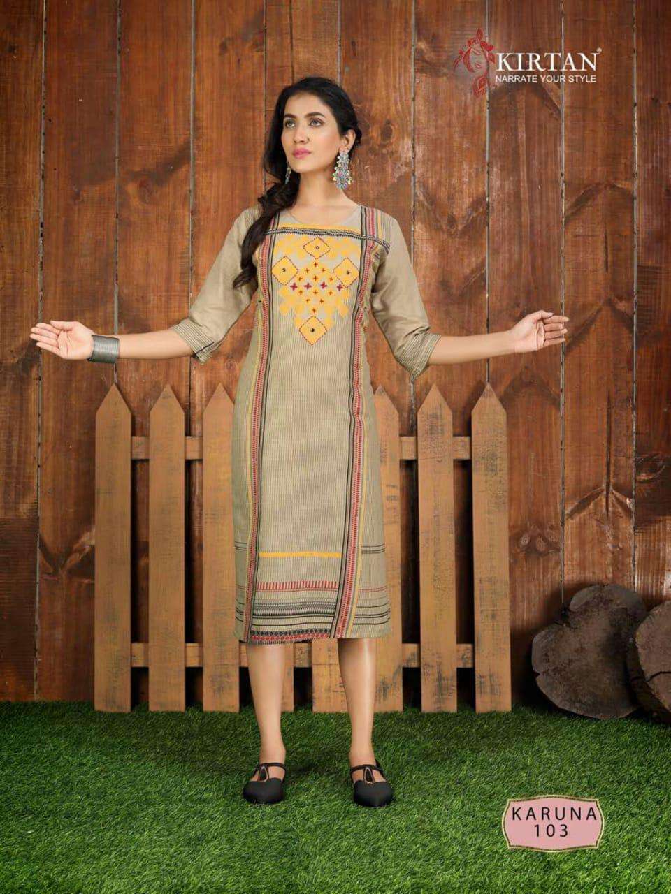 KARUNA BY KIRTAN 101 TO 106 SERIES BEAUTIFUL STYLISH FANCY COLORFUL CASUAL WEAR & ETHNIC WEAR & READY TO WEAR WEAVING COTTON SLUB WITH HANDWORK KURTIS AT WHOLESALE PRICE