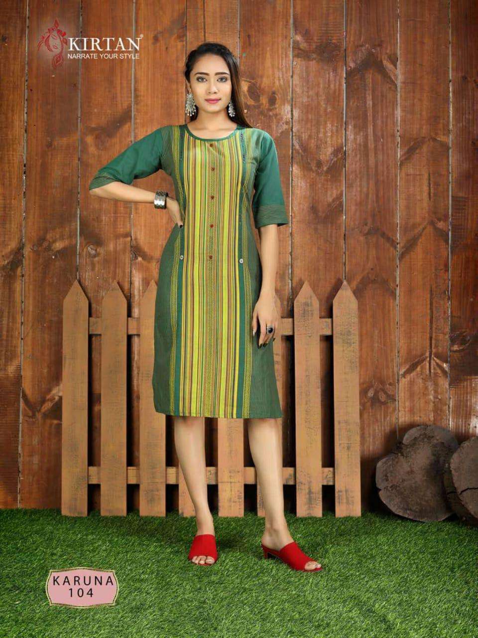 KARUNA BY KIRTAN 101 TO 106 SERIES BEAUTIFUL STYLISH FANCY COLORFUL CASUAL WEAR & ETHNIC WEAR & READY TO WEAR WEAVING COTTON SLUB WITH HANDWORK KURTIS AT WHOLESALE PRICE