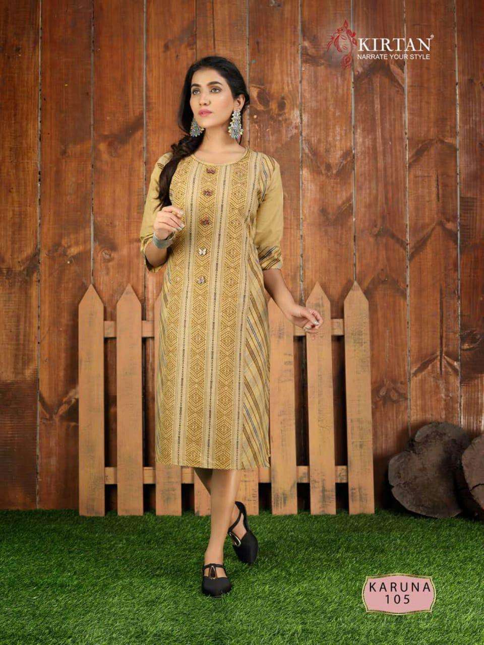 KARUNA BY KIRTAN 101 TO 106 SERIES BEAUTIFUL STYLISH FANCY COLORFUL CASUAL WEAR & ETHNIC WEAR & READY TO WEAR WEAVING COTTON SLUB WITH HANDWORK KURTIS AT WHOLESALE PRICE