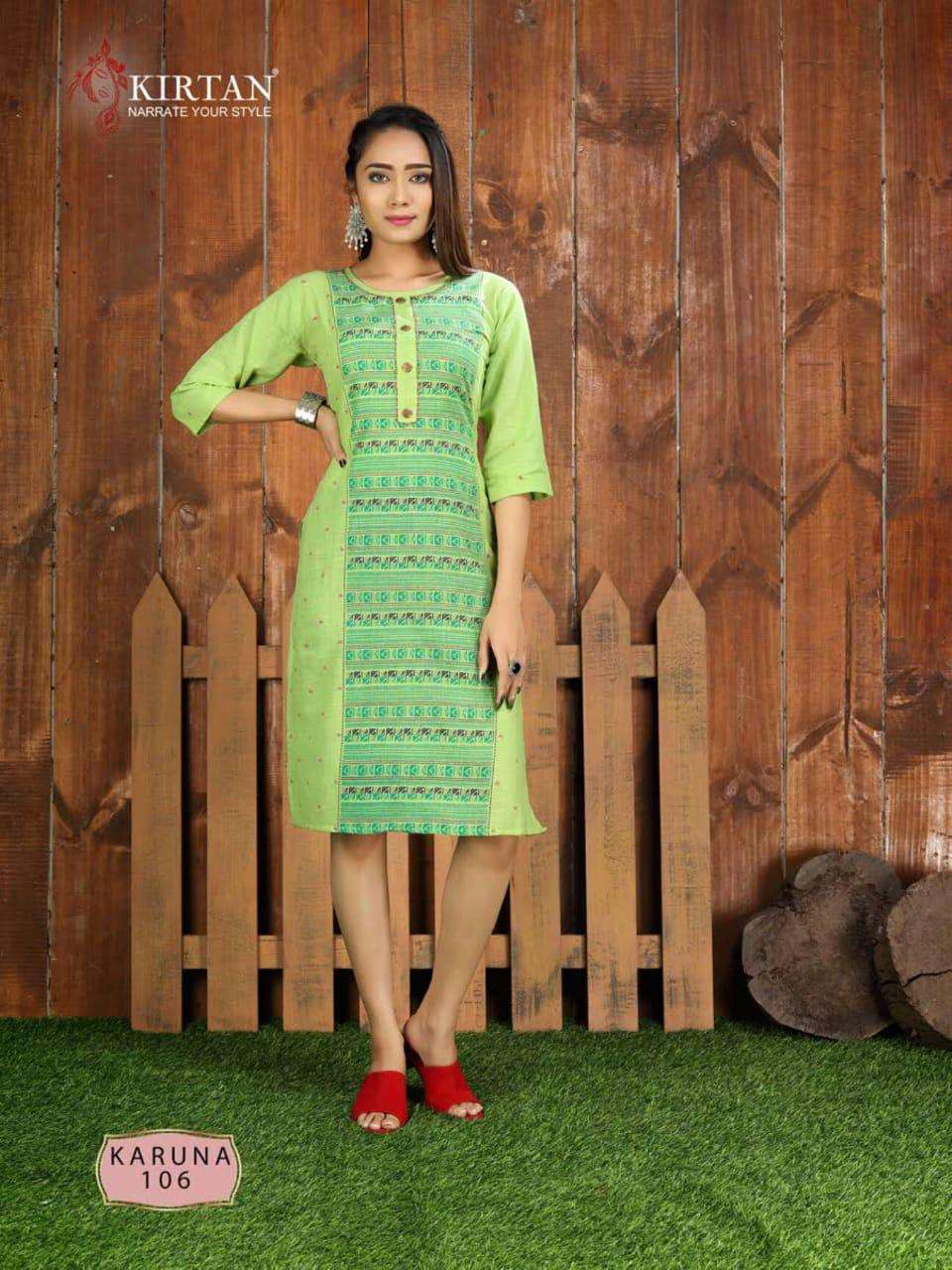 KARUNA BY KIRTAN 101 TO 106 SERIES BEAUTIFUL STYLISH FANCY COLORFUL CASUAL WEAR & ETHNIC WEAR & READY TO WEAR WEAVING COTTON SLUB WITH HANDWORK KURTIS AT WHOLESALE PRICE