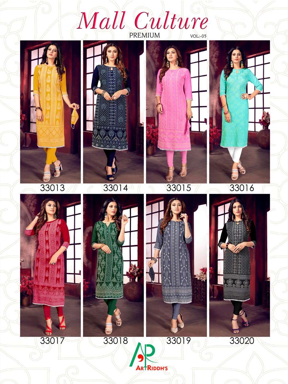 MALL CULTURE VOL-5 BY ART RIDDHS 33013 TO 33020 SERIES DESIGNER STYLISH FANCY COLORFUL BEAUTIFUL PARTY WEAR & ETHNIC WEAR COLLECTION RAYON SLUB LAKHNAVI WORK KURTIS AT WHOLESALE PRICE