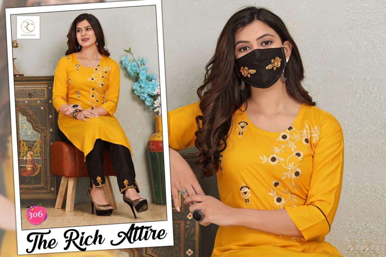 LICHI VOL-2 BY RC 301 TO 308 SERIES DESIGNER BEAUTIFUL STYLISH FANCY COLORFUL PARTY WEAR & OCCASIONAL WEAR RAYON EMBROIDERED KURTIS WITH BOTTOM AT WHOLESALE PRICE