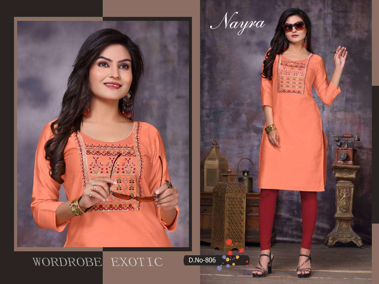 DAFFODIL BY NAYRA 801 TO 808 SERIES STYLISH FANCY BEAUTIFUL COLORFUL CASUAL WEAR & ETHNIC WEAR COTTON SATIN WITH HAND WORK KURTIS AT WHOLESALE PRICE
